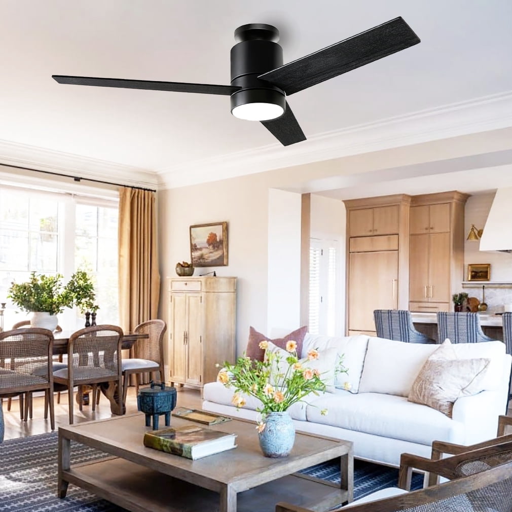 Ohniyou 52 " Flush Mount Ceiling Fans with Light and Remote Low Profile 3 Blades Outdoor Ceiling Fan for Patio Kitchen Bedroom, Black