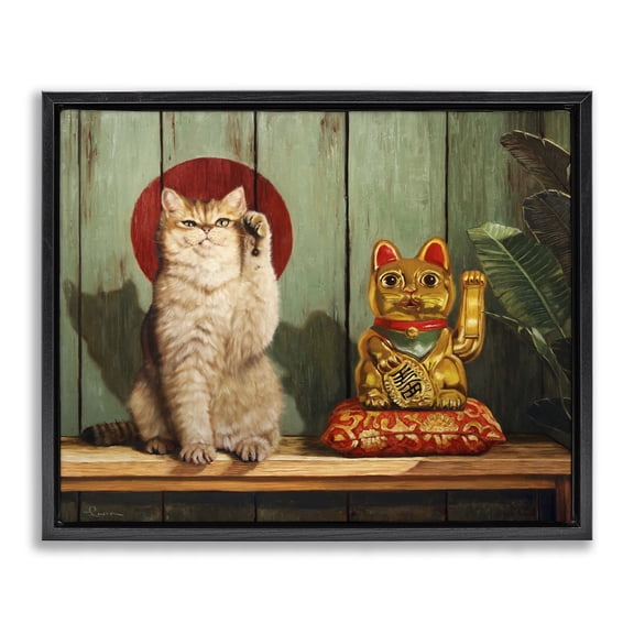 Stupell Industries Traditional Funny Lucky Cat Pose Black Floating Frame Canvas Art, 21 x 17, by Lucia Heffernan