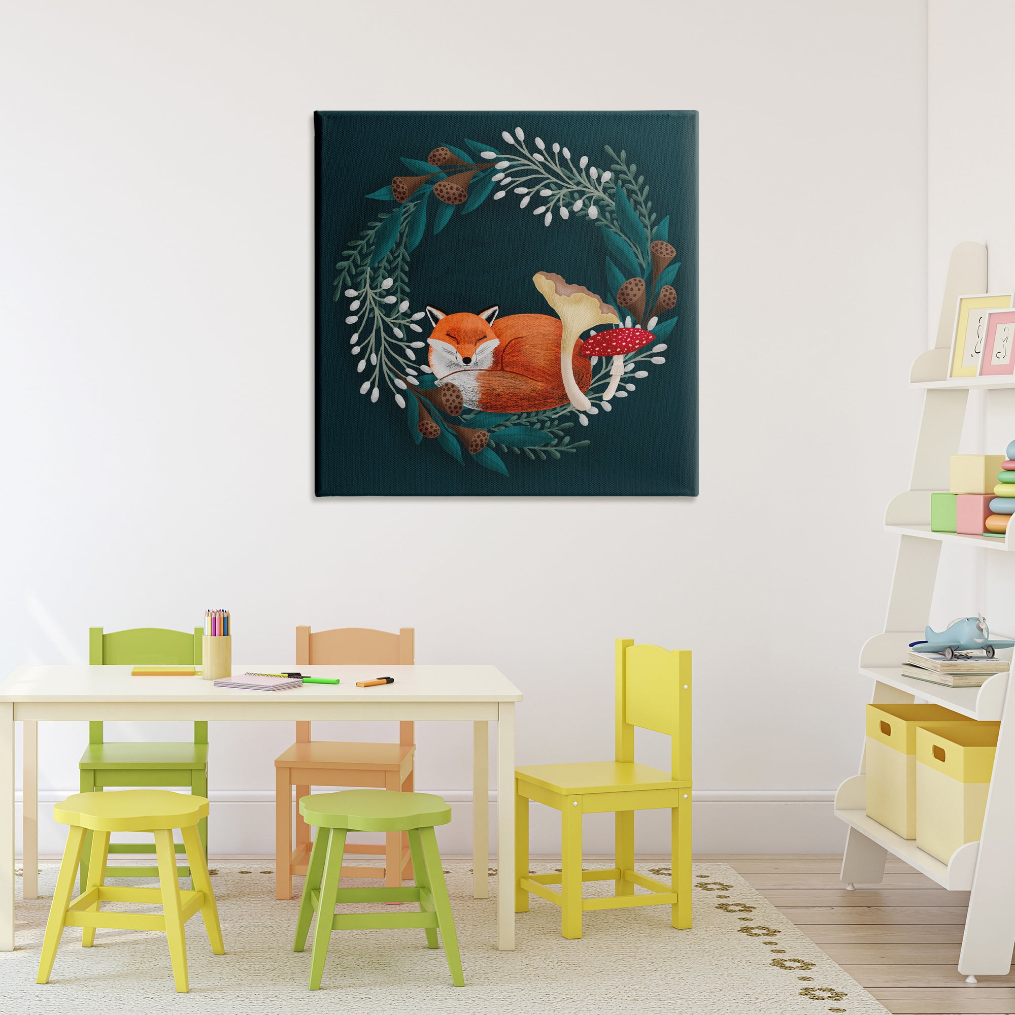 Sleepy Fox in Botanical Wreath Canvas Wall Art, design by Metka Hiti