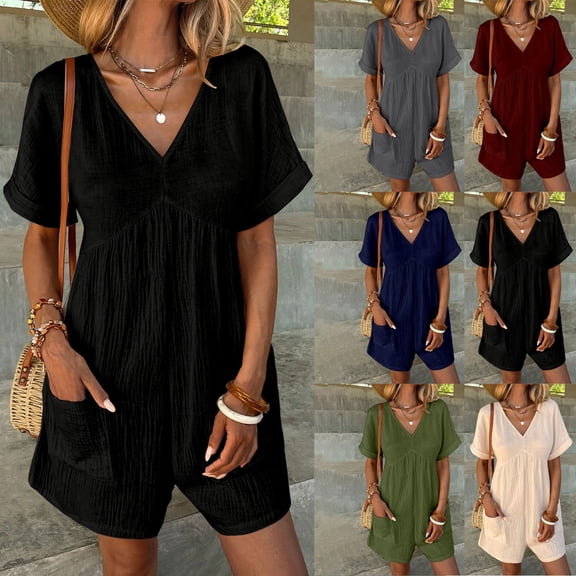Women's V Neck Cotton Linen Jumpsuit with Pocket, Short Sleeve Back Zipper Romper, Casual Summer Jumpsuit for Beach Vacation, Streetwear and Daily Wear-Green