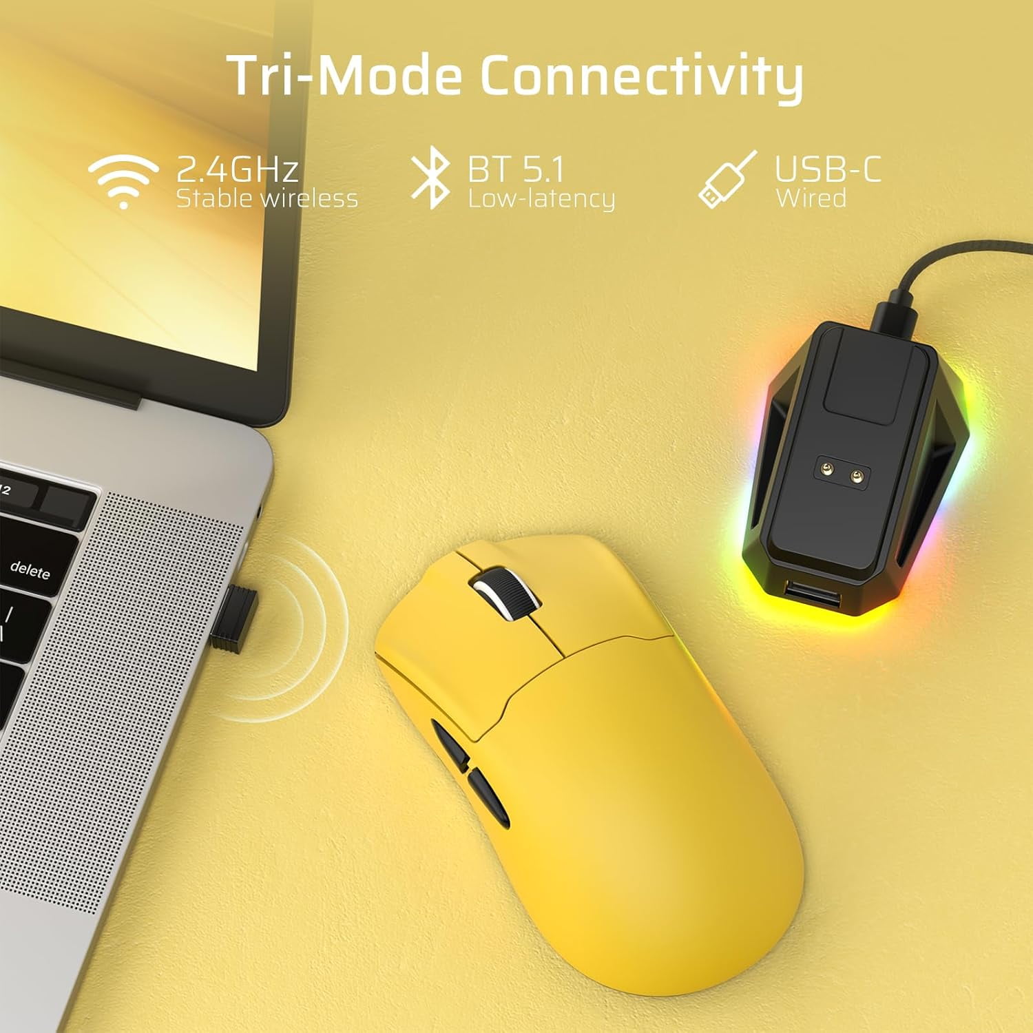 LTC GM022 Ultralight 3-Mode Wireless Gaming Mouse with RGB Charging Dock, PAW3395 26K DPI Sensor, 55G Lightweight Ergonomic Bluetooth Gaming Mouse, 5 Programmable Buttons, 80 Million Click Switch