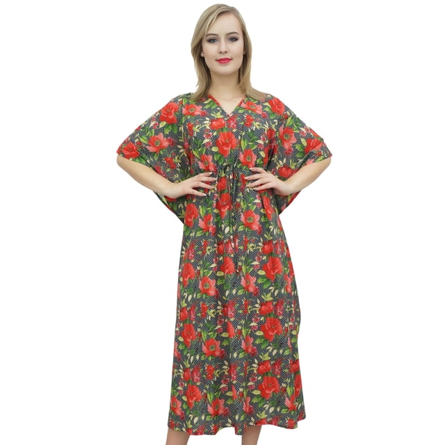 Bimba Robe Caftan Longue Maxi à Fleurs pour Femme Gris Foncé Couvre-Maillot en Coton-12