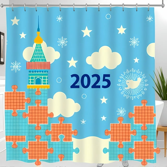 Whimsical Shower Curtain with Fairytale Castle Pieces Clouds & Stars 2025 Theme