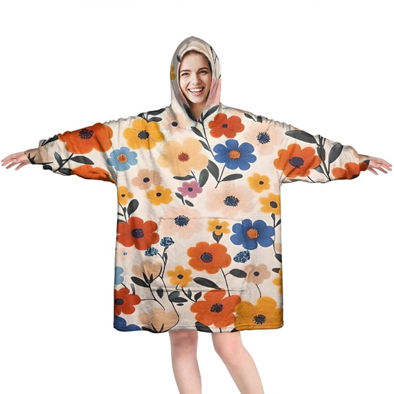 Wearable Oversized Blanket,Pioneer Flower Floral Print Pattern Wearable Blanket Hoodie for Adults,Cozy Hooded Blankets with Super Pockets,Super Warm Fuzzy Pullover for Women & Men