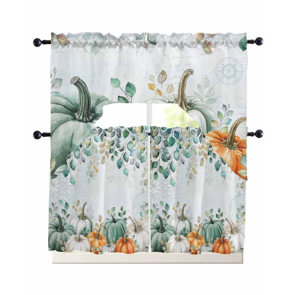 Thanksgiving Fall Swag Curtains for Living Room/Bedroom Windows, Green Orange White Pumpkin Autumn Leaf Kitchen Curtains and Valances Set 36 Inch Length, Light Filtering Swags Valance Curtain Panels