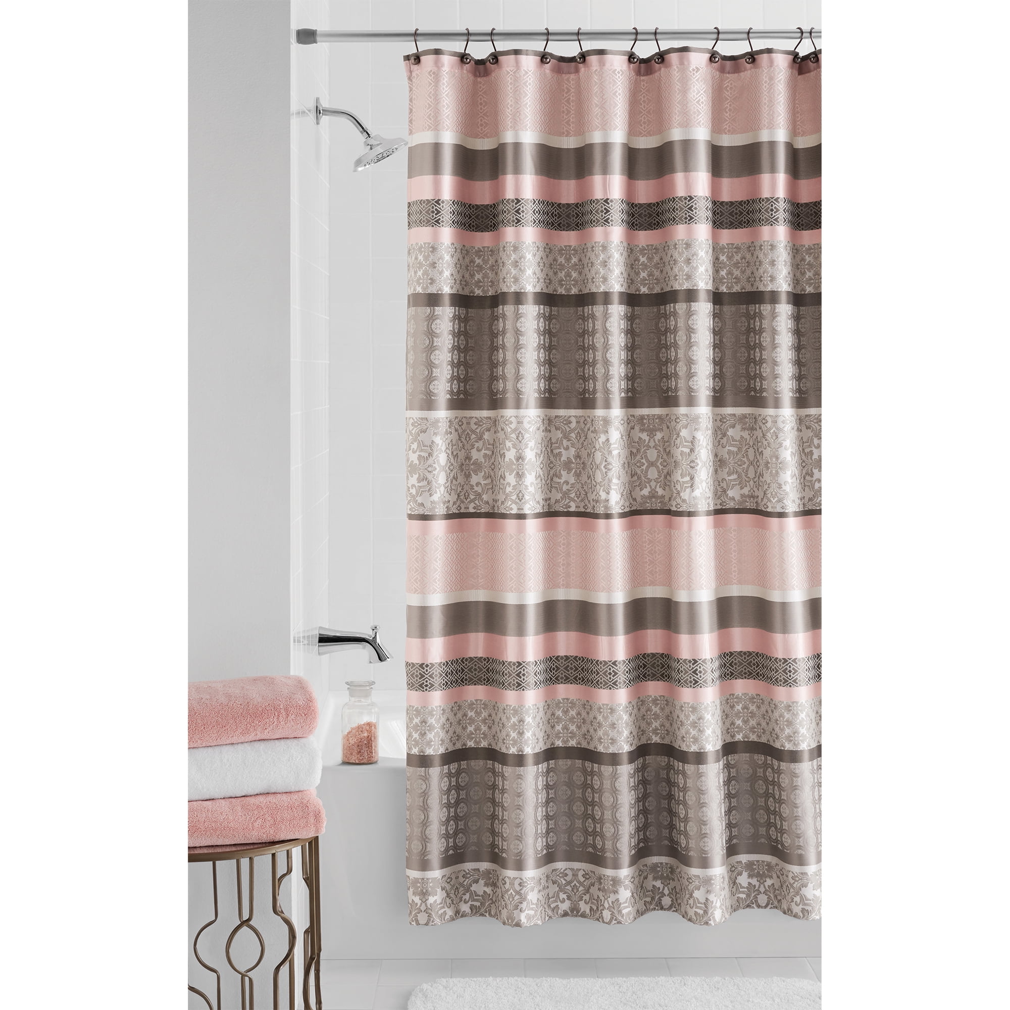 Princeton Jacquard Multi Stripe Fabric Shower Curtain Damask Blush Taupe Bath 