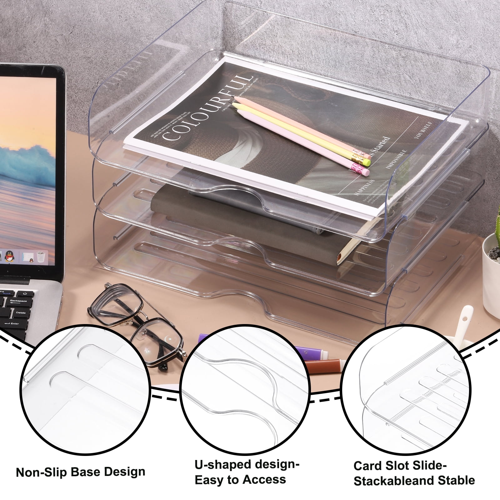 Uxcell 12.6"x9.6"x2.8" Stackable Letter Tray, 4-Tier Paper Organizer Rectangular Plastic Desk Organizer Accessories File Holder for Office Desk Drawers Paper Storage, Clear