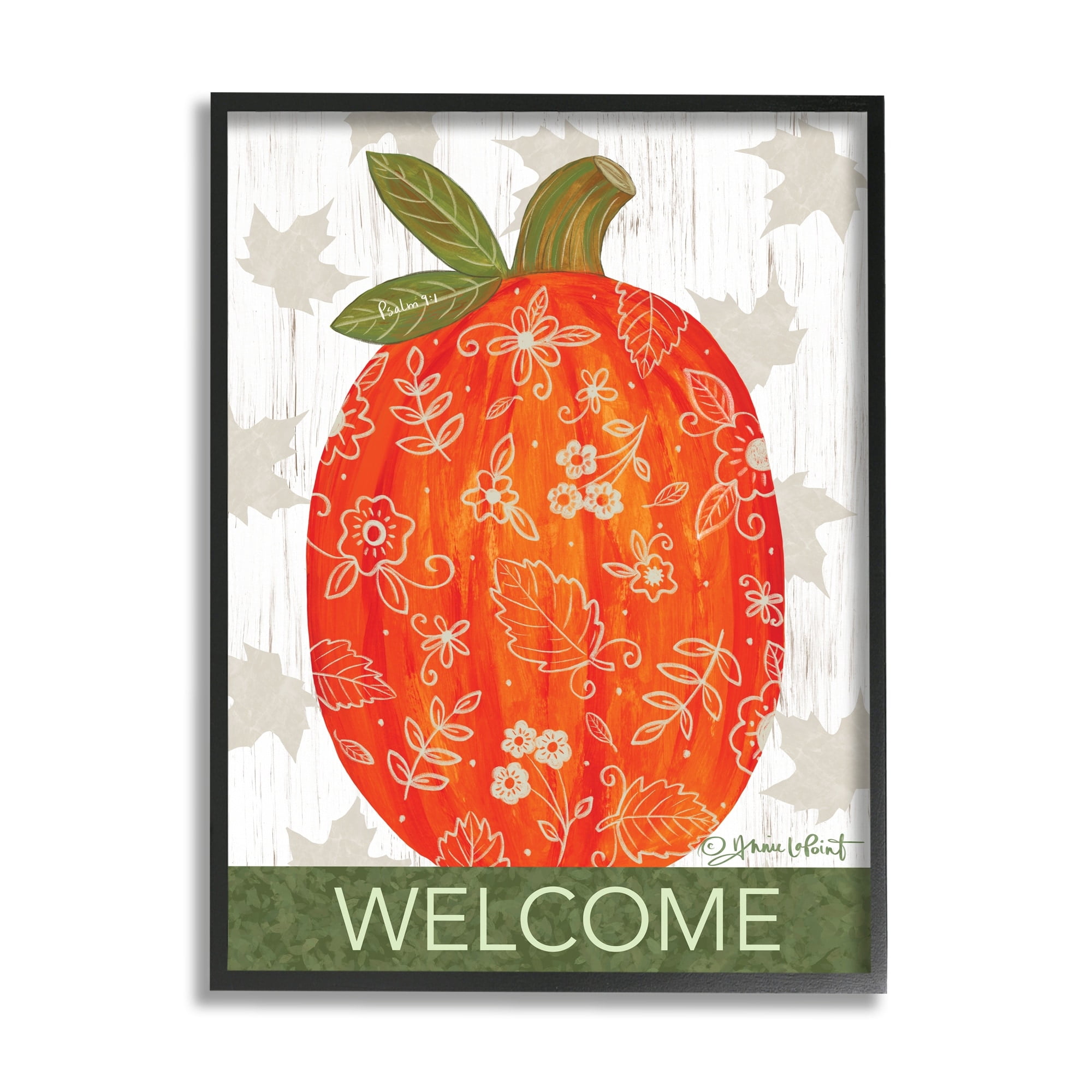 Stupell Industries Patterned Autumn Botanicals Pumpkin Welcome Sign Graphic Art Black Framed Art Print Wall Art, Design by Annie LaPoint