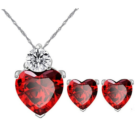 Uloveido Red Crystal Heart Necklace and Stud Earrings, Simulated Ruby Birth Stone Promise Wedding Engagement Jewelry Set for Women BME53-Red