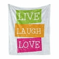 thumbnail image 1 of Saying Soft Flannel Fleece Throw Blanket, Live Laugh and Love Words on Lively Colored Frames with Grunge Effect, Cozy Plush for Indoor and Outdoor Use, 50" x 70", Lime Green Orange Pink, by Ambesonne, 1 of 6