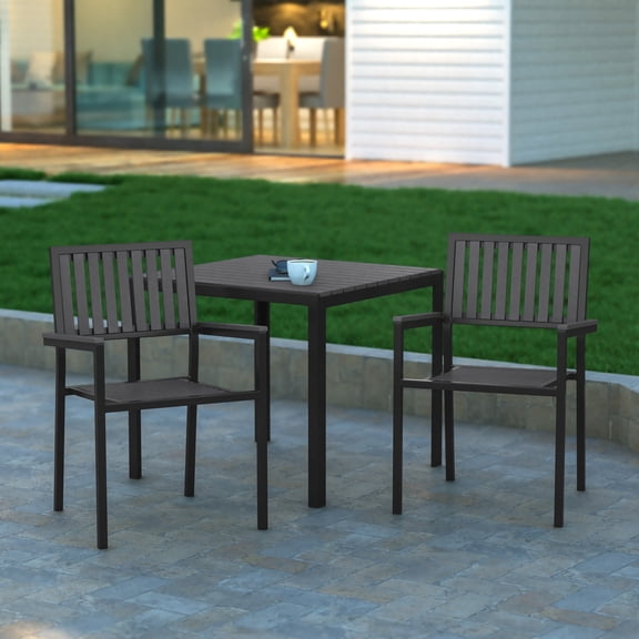 Emma Oliver Set of 2 Modern Weather and Rust Resistant Black Steel Stacking Chair with Arms and Polyresin Seat and Back for Indoor and Outdoor Use