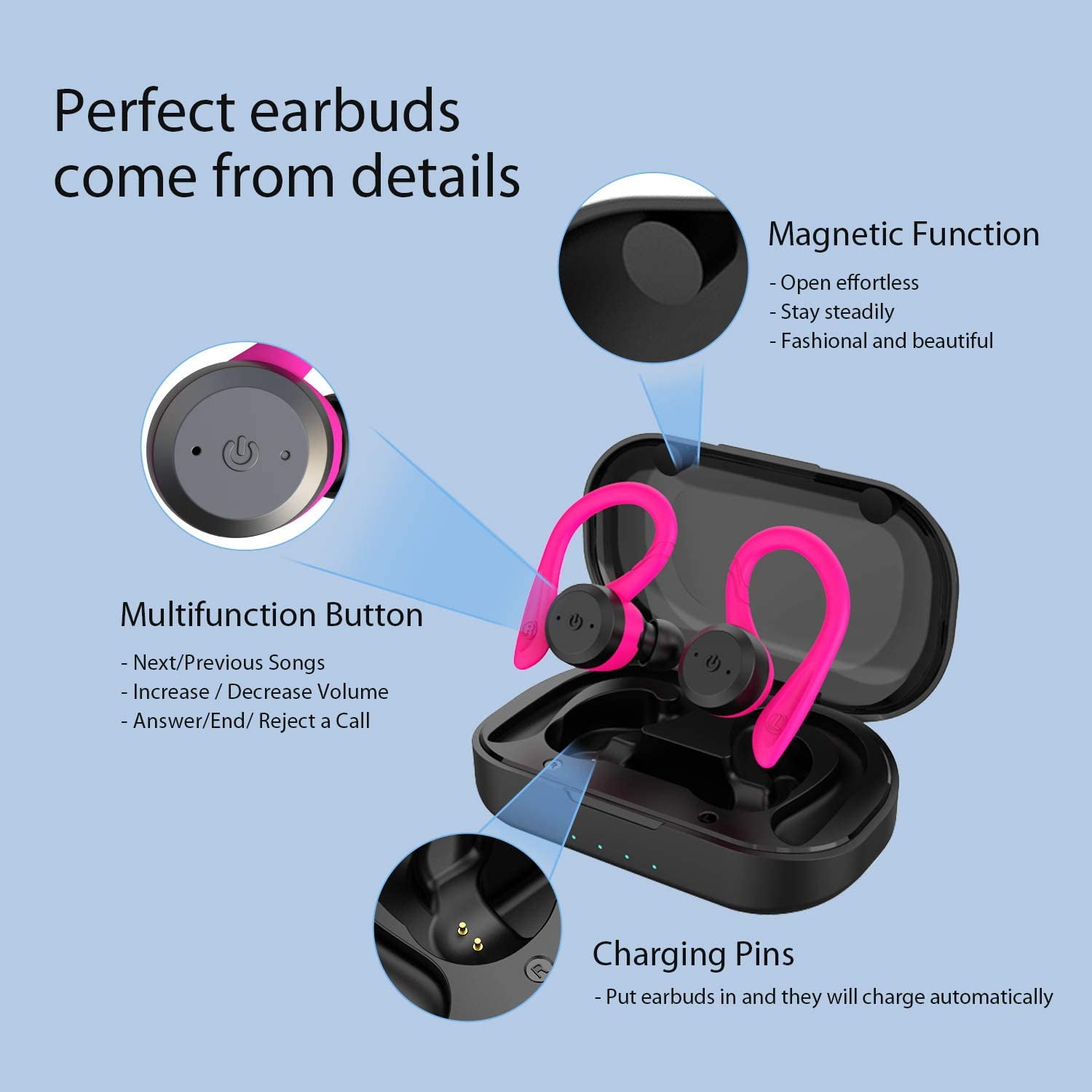 Bluetooth Headphones True Wireless Earbuds with Charging Case IPX7 Waterproof Stereo Sound Earphones Built-in Mic in-Ear Headsets Deep Bass for Sport Running, Pink