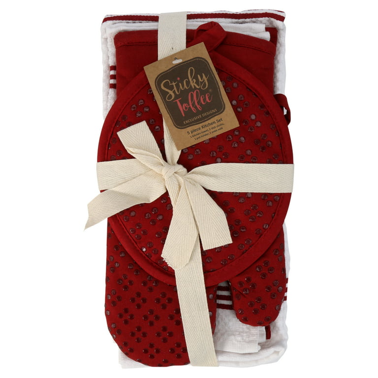 Sticky Toffee Silicone Printed Oven Mitt & Pot Holder Cotton Terry Kitchen Dish Towel & Dishcloth Brown 9 Piece Set
