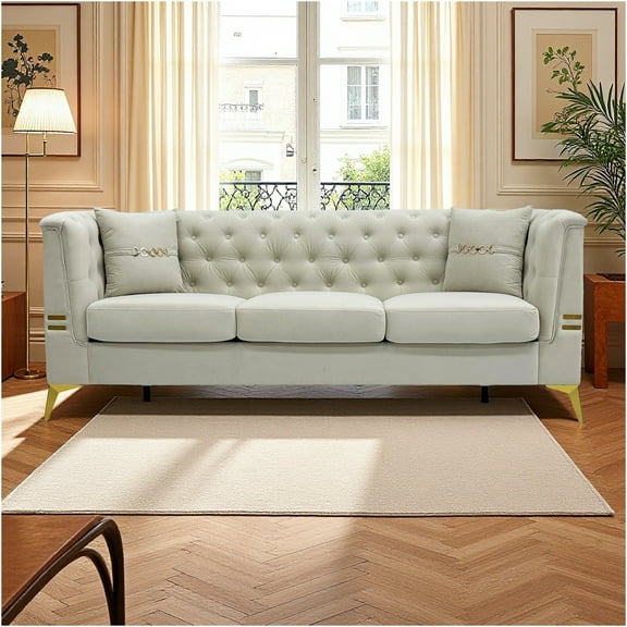 JERFIT Modern Velvet Sofa 3 Seater with Gold Legs, Chesterfield Tufted Couch for Living Room with Pillows, Cream White Mid-Century Contemporary Furniture