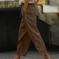 thumbnail image 2 of Stamzod Cotton and Linen Pants Women Solid Color Elastic Waist Lace Patchwork Straight Beach Pants Casual Loose Trousers Pants for Women with Pocket Coffee C S, 2 of 7