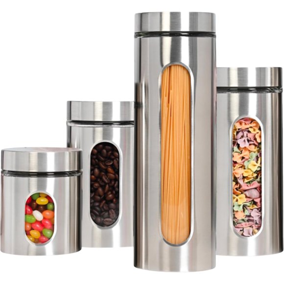 4 Pcs Stainless Steel Canisters Set for Kitchen with Glass Window and Airtight Lid, Perfect for Storing Coffee, Spaghetti, Sugar, Beans and Dry Ingredients