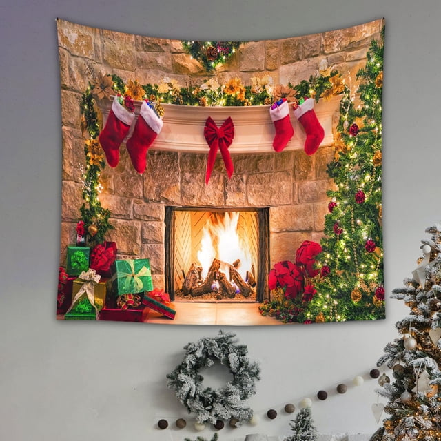 Fondo de chimenea de Navidad, tela de fondo de Navidad, accesorios de estudio fotográfico, tapiz de Navidad portátil para decoración del hogar y , 200cmx150cm CUTICAT Tapiz colgante