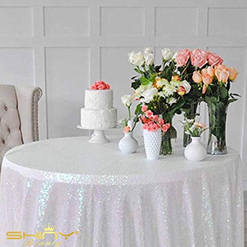 ShinyBeauty Sequin TableclothIridescent White48Inch Round Sparkle Tablecloth,Glitter Table
