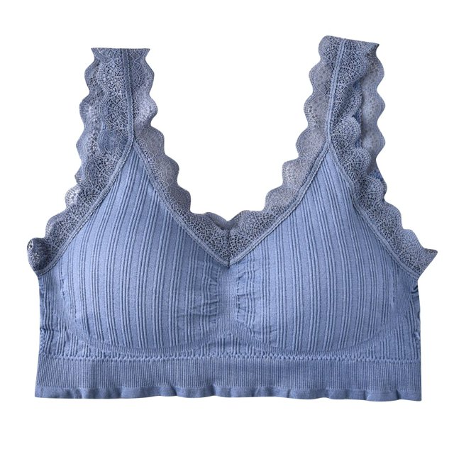 Xfvqtps Wireless Bras for Women No Underwire Rib Lace Removable Padded Bras for Everyday Blue
