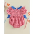 thumbnail image 5 of Baby Girls 4th of July Outfit Flag Firework Embroidery Short Sleeve Crew Neck Plaid Romper Ruffle Bowknot Bubble Bodysuit Summer Memorial Clothes, 5 of 9