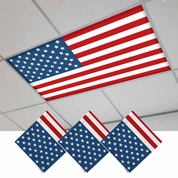 American Flag Fluorescent Light Covers, Blue Red USA Flag Magnetic Light Covers for Ceiling Lights, Fluorescent Ceiling Shade Filters for Classroom Bedroom Office 4x2Ft x 3PCS