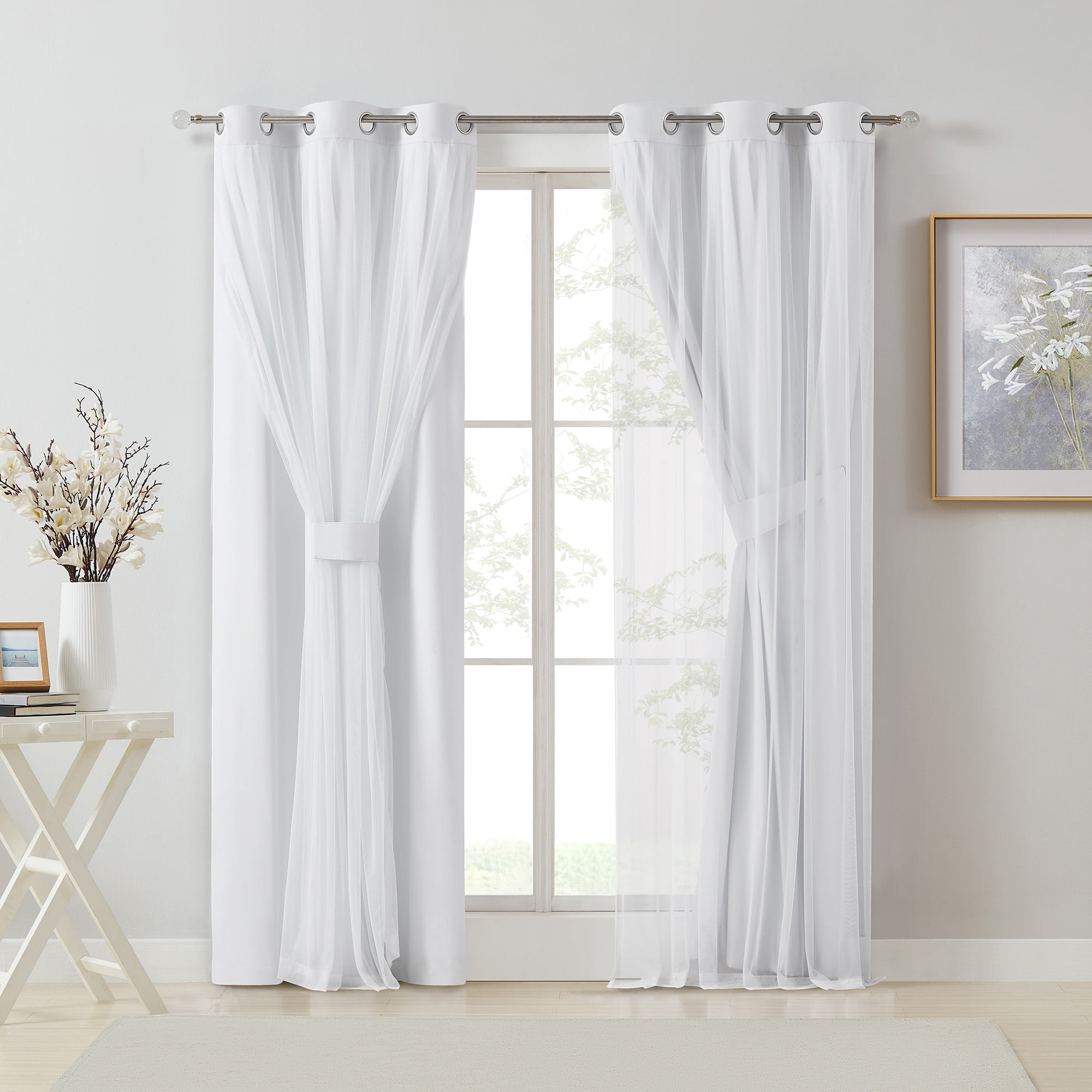 Pinewave Blackout Curtain with Sheer Mix and Match Double Layer Window Drapes Thermal Insulated Overlay  Grommet,37"Wx95"L,White
