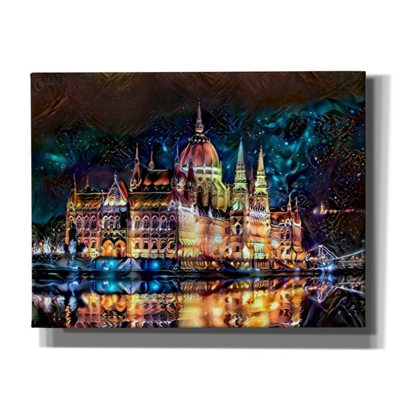 Epic Graffiti 'Budapest Hungary Parliament At Night' by Pedro Gavidia, Canvas Wall Art, 34"x26"