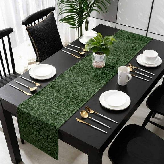 Solid Dark Green Cotton Linen Small Table Runner 13 x 60 inch Retro Minimalism Abstract Denim Texture Non-slip Rectangular Dining Table Decor for Wedding Party Holiday Dinner