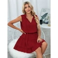 thumbnail image 6 of Womens Spring Summer 2025 Sleeveless Split V Neck Ruffle Chiffon Elegant Mini Short Skirt Dresses Wine Red S, 6 of 9