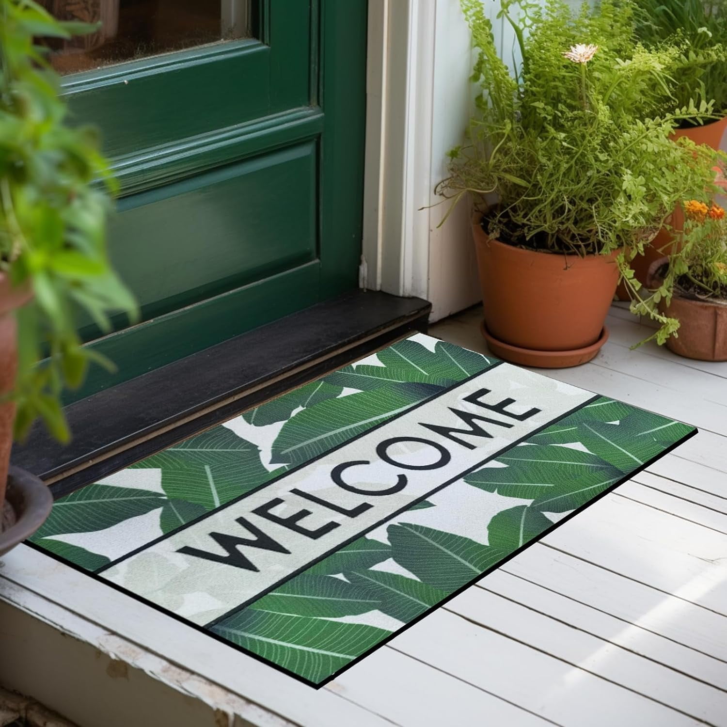Door Mat, Welcome Mat 18x 30 Inch Front Door Mat Outdoors for Home Entrance Outdoors Mat for Outside Entry Way Doormat Entry Rugs, Heavy Duty Non Slip Rubber Back Low Profile, Green Leaves
