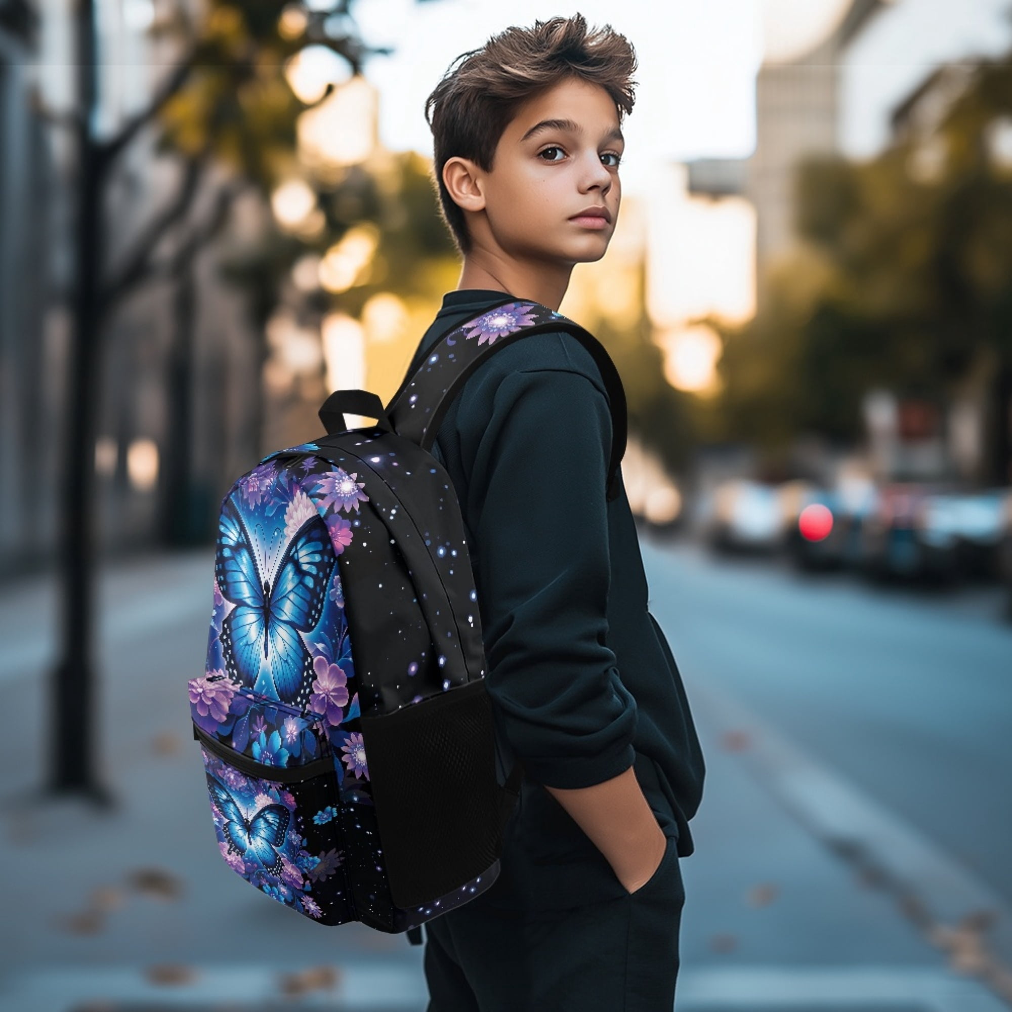Chririnla Blue Butterfly Floral School Backpack Set for School Students Girls Boys Casual Dailypack Bookbag