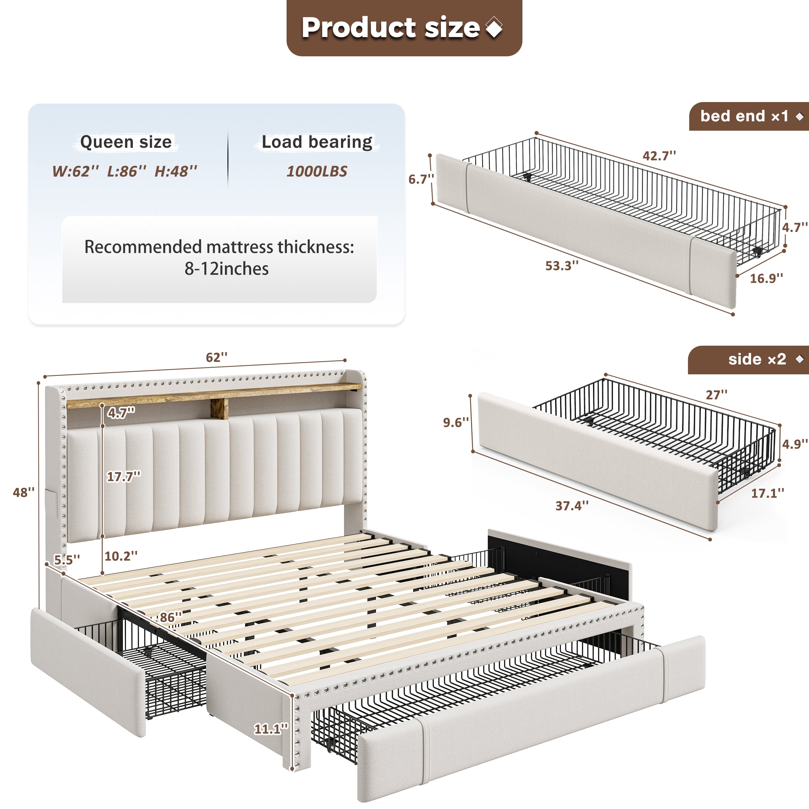 Queen Size Bed Frame with 3 Storage Drawers Upholstered Bed Frame with 2-Tier Shelf Bed Frame with Headboard & Side Pockets,Beige