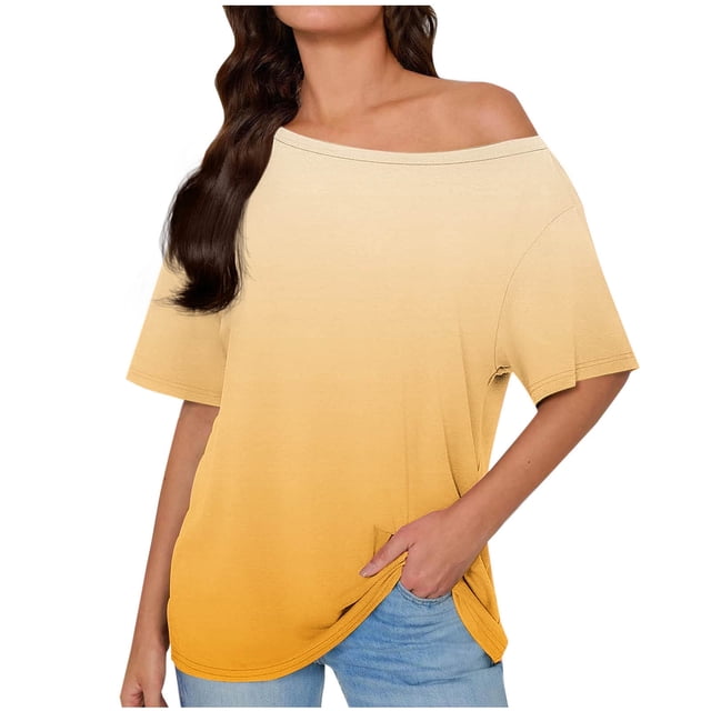 Scyoekwg T-Shirts à Manches Courtes Dégradé pour Femmes, Tunique Décontractée à Col Rond, Blouses Légères et Amples (Jaune, G)