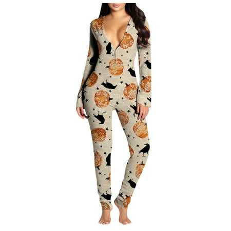 

Tangnade home pajamas Women s Button-down Halloween Print Functional Buttoned Flap Adults Jumpsuit Women Jumpsuit Yellow XXL