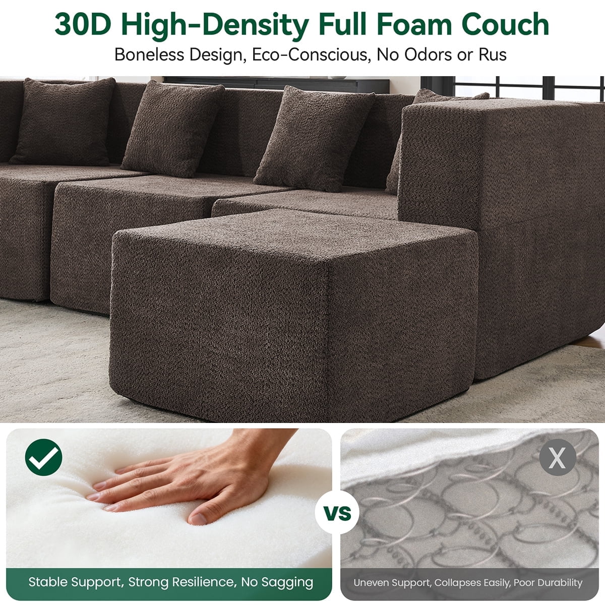 BEHOST 130" 8-Piece Modular Sectional Sofa with Ottomans, U-Shaped Pit Couch for Living Room, Modern Teddy Fabric Cloud Couch Set, Large Sleeper Sofa with Deep Seats, Coffee Brown