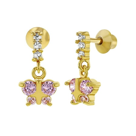 18k Gold Plated Pink Crystal Butterfly Screw Back Dangling Earrings Girls Child