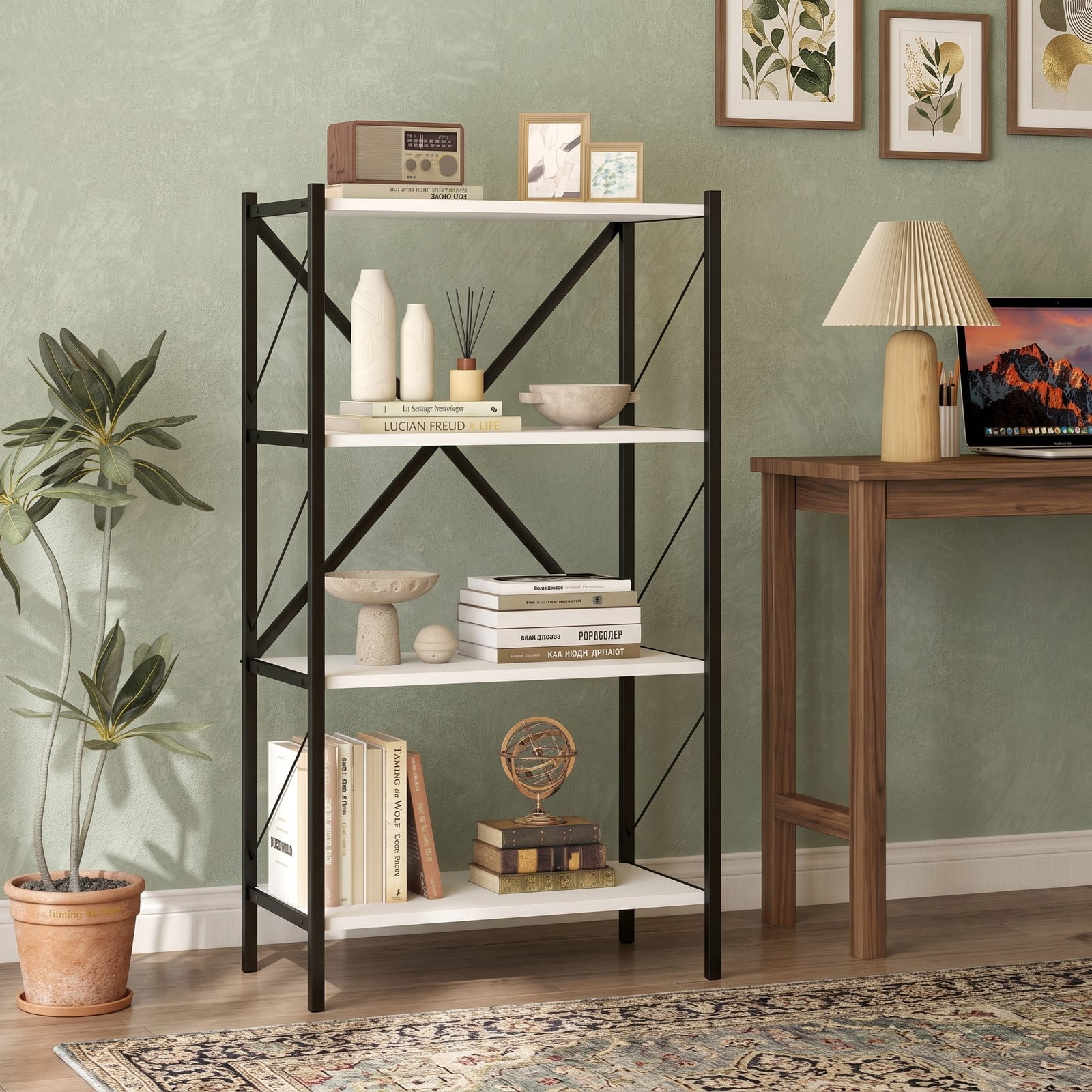 Furnibear 4-Tier Bookshelf with Heavy-Duty Metal Frame, X-Braced Freestanding Storage Bookcase Organizer Plant Stand for Living Room Bedroom Home Office, White