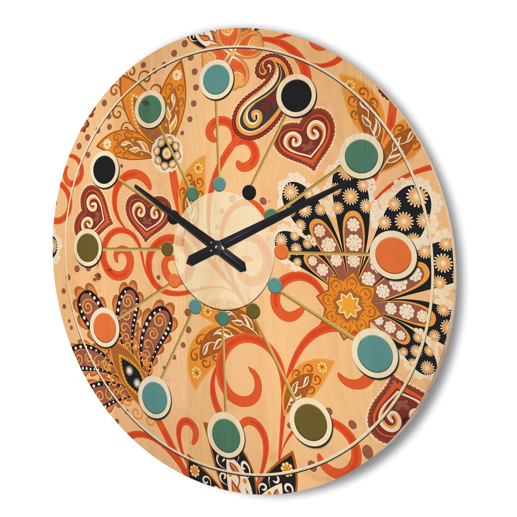 Designart 'Indian Floral Batik Retro II' Mid-Century Modern Wood Wall Clock