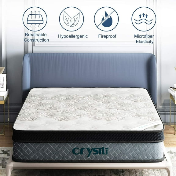 12" Queen Size Memory Foam Hybrid Mattress Crystli Pocket Innerspring Mattresses in a Box with Pressure Relief Edge Supportive 100-Night Trial 10-Year Support