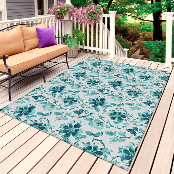 Aqua Flower Outdoor Rug for Patio/Deck/Porch, Non-Slip Large Area Rug 6 x 9 Ft, Country Watercolor Floral Vintage Plant Indoor Outdoor Rugs Washable Area Rugs, Reversible Camping Rug Carpet Runner