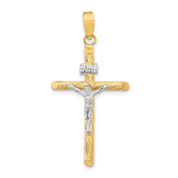 Auriga Fine Jewelry 14K Yellow Gold w/White Rhod Polished & Textured INRI Crucifix Cross Pendant