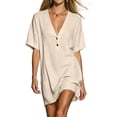 thumbnail image 6 of Qiopertar Summer Dresses for Women Boho Vacation Beach Dress Button Down V Neck Short Sleeve Loose Flowy Slit Casual Party Sundress, Beige XXL, 6 of 7