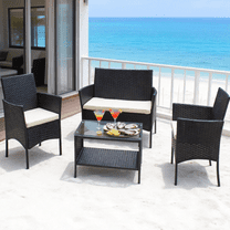 ENYOPRO 4-Piece Outdoor Furniture Set, Rattan Outdoor Patio Upholstered Furniture Set with Beige Cushions and a Glass Coffee Table, Perfect for Pools, Gardens, Patios, and Backyards