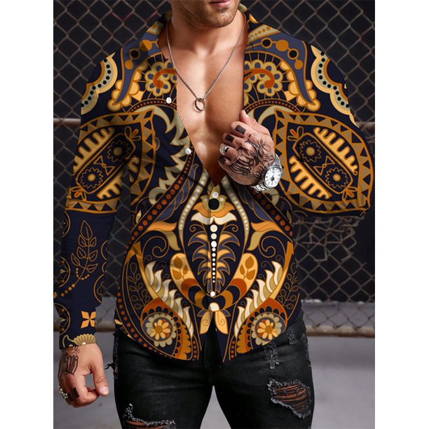 Camisas de manga larga con estampado retro para hombre, ropa de tendencia étnica, camisetas casuales de manga larga para exteriores de temporada para hombre, camisetas grandes para hombre