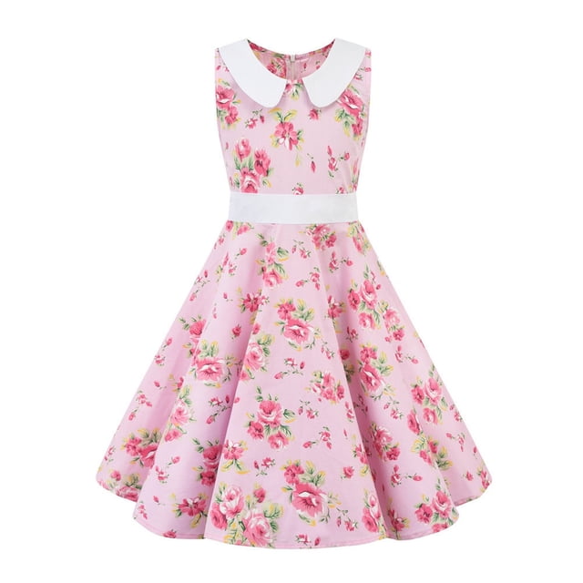 FYDUU Robes Filles Sans Manches Années 50 Vintage à Pois Robe de Soirée Rétro Col Peter Pan Décontractée Robe d'Été Quotidienne Formelle