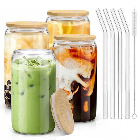 4‑Pack Reusable Glass Tumblers, 16.9 oz, Dishwasher‑Safe Drinking Cups with Bamboo Lids & Glass Straws for Iced Coffee, Tea, Smoothies