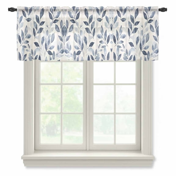 Navy Blue Botanical Valance Curtains for Kitchen/Living Room/Bathroom/Bedroom Window, Rod Pocket Small Topper Half Short Window Curtains Voile Sheer Scarf, Pastoral Spring Leaves Watercolor 42"x18"