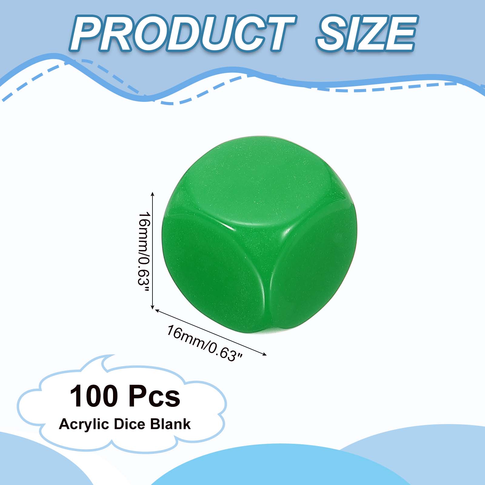 16 mm Acrylic Dice Blank, 100 Pcs Rounded Corner Blank Dice with Smoothed Surface Six Sided for Board, Green