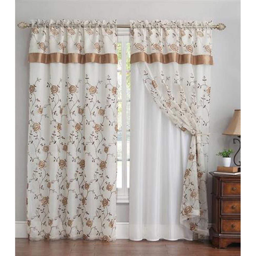 Double Layer Embroidered Window Curtain Floral Design, Attached