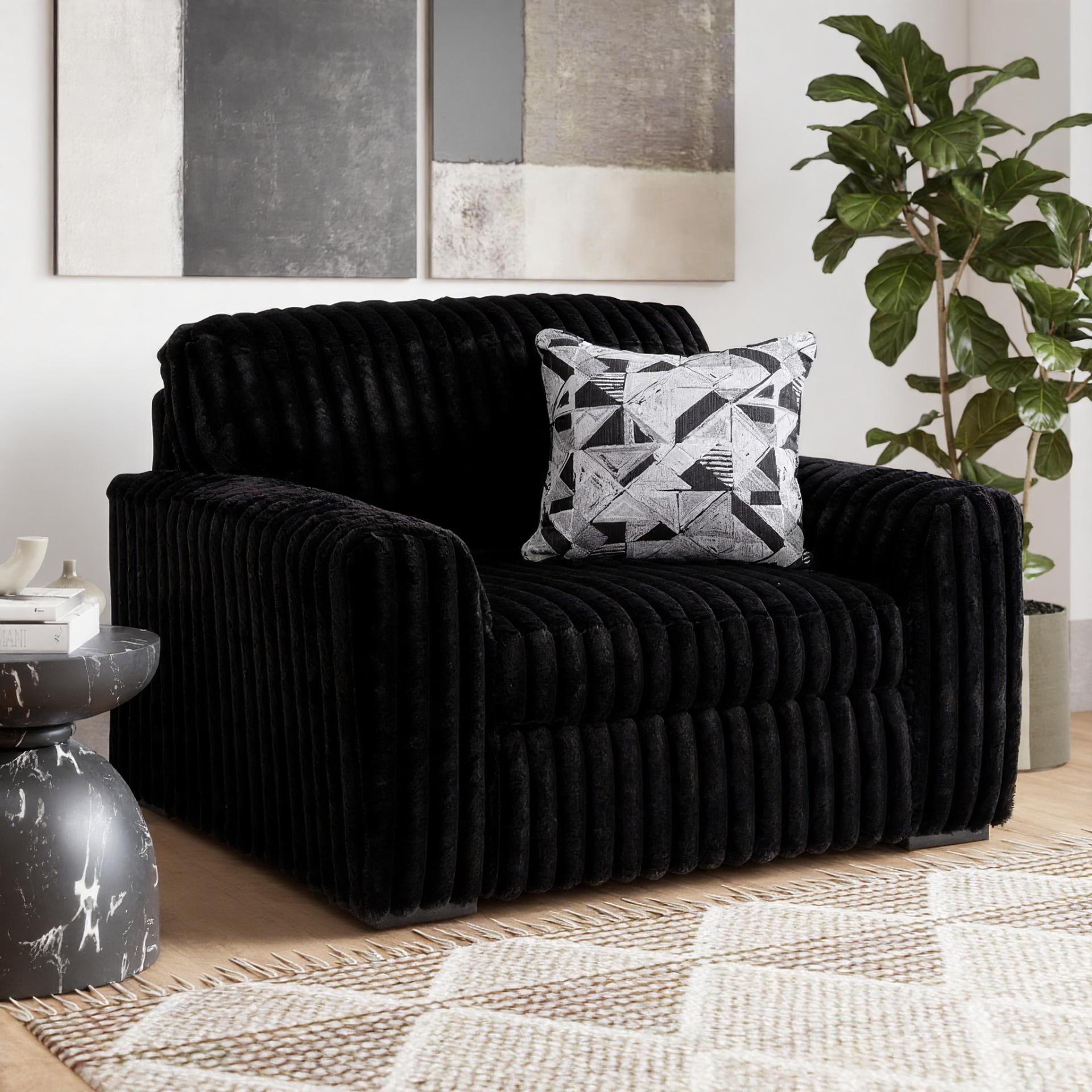 Roundhill Furniture Solenne Oversized Chair and a Half with Jumbo Corduroy Upholstery, Reversible Cushion, and Accent Pillow, Black